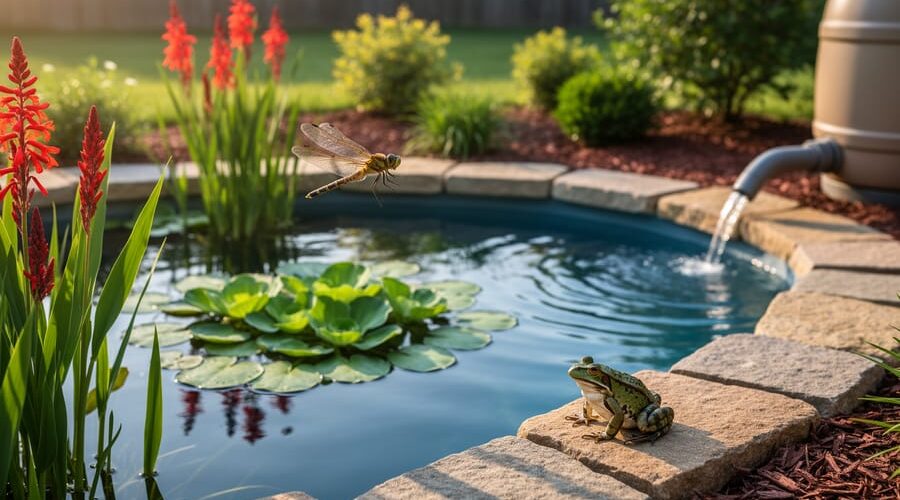 Stone-edged backyard pond with pickerelweed, cardinal flowers, and floating water lilies and lettuce, a dragonfly above and a frog on a rock, photographed in warm morning light with a blurred view of mulched beds, native shrubs, and a gutter leading to a rain barrel in the background.