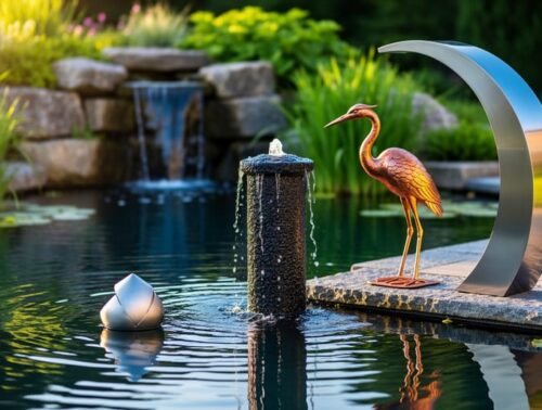 Stainless steel arc, copper heron, and basalt column fountain arranged at a backyard pond’s edge with shimmering reflections, a small floating ornament, and softly blurred plants, rocks, and a waterfall in warm golden light.