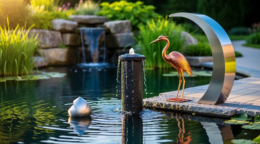 Stainless steel arc, copper heron, and basalt column fountain arranged at a backyard pond’s edge with shimmering reflections, a small floating ornament, and softly blurred plants, rocks, and a waterfall in warm golden light.