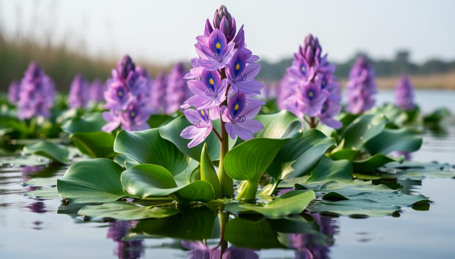 Close-up of purple water hyacinth flowers with green floating leaves on pond water