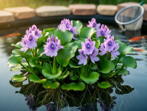 Dense water hyacinth with lavender flowers floating on a backyard pond, roots trailing in the water, with stones, faint koi, and a skimmer net blurred in the background under warm evening light