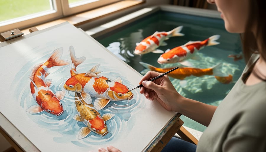 Watercolor painting of koi fish in progress with real koi swimming in pond background