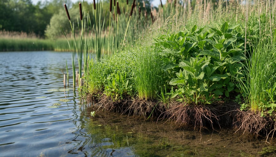 Native wetland vegetation growing along pond shoreline with visible root systems in clear water