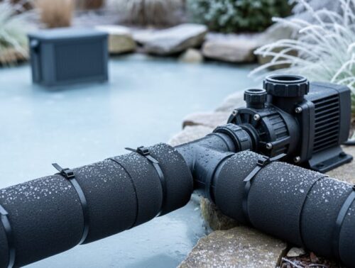 Close-up of a foam-insulated black PVC pond pipe secured with zip ties, connected to an above-ground pump next to a backyard pond with light ice and frost-dusted grasses in the background.