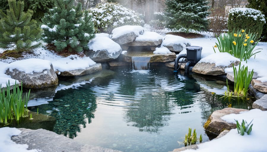 Winter water garden with operating waterfall and frost-covered rocks in cold weather