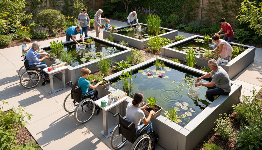 Raised demonstration pond at wheelchair-accessible height with water plants in community garden setting