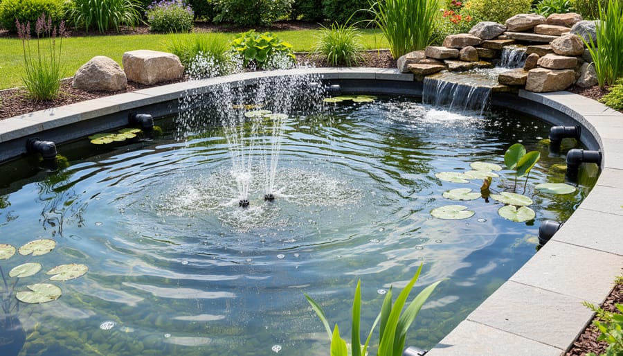 Koi pond with visible aeration bubbles and water circulation