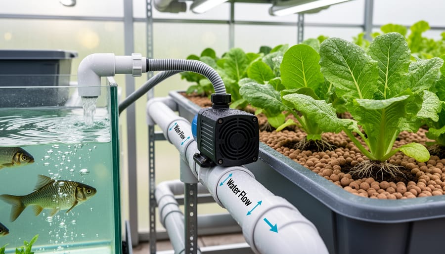 Submersible water pump in aquaponics fish tank with fish visible above