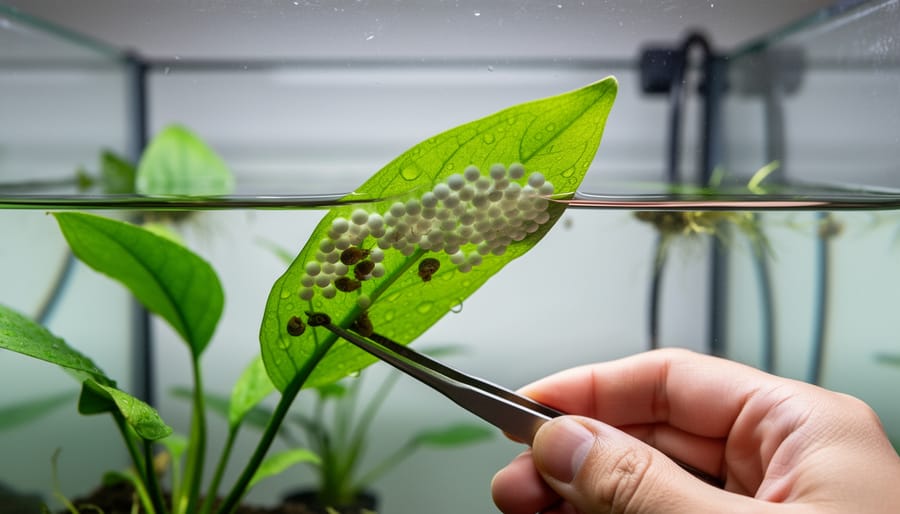 Close-up of snail eggs attached to aquatic plant leaves