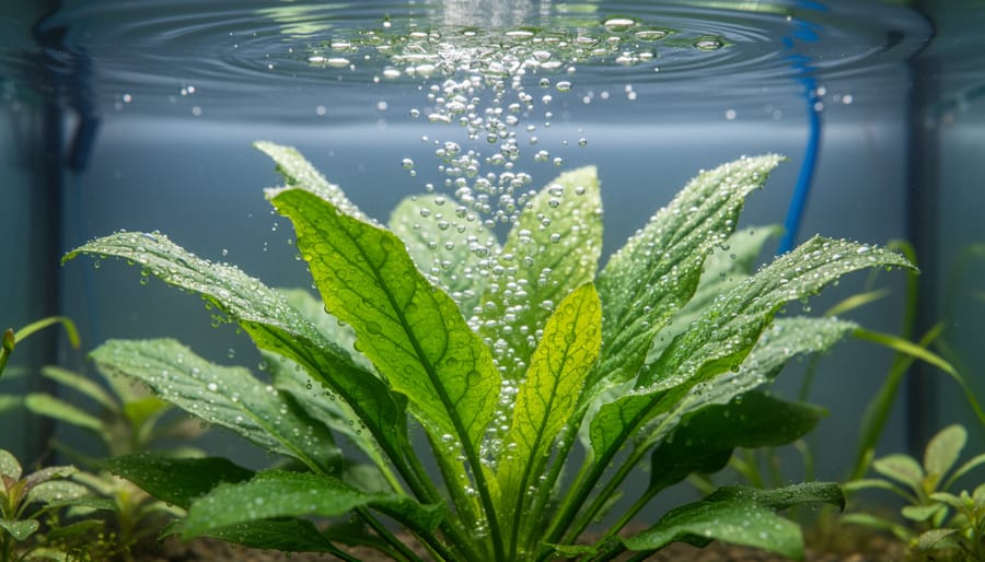 Underwater view of aquatic pond plants with roots and oxygen bubbles rising from leaves