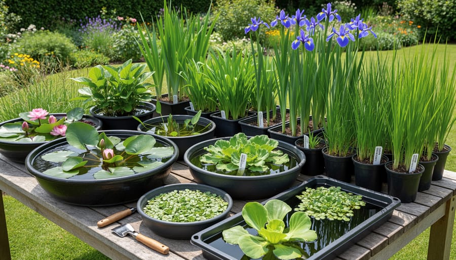 Overhead view of various potted aquatic plants prepared for plant swap