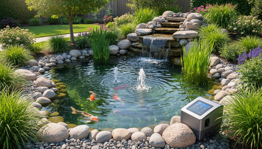 Modern backyard koi pond with clear water, aquatic plants, and automated equipment