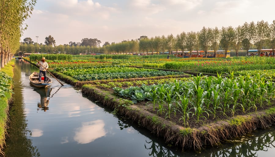 Aerial view of traditional Aztec chinampas showing rectangular garden beds separated by water canals
