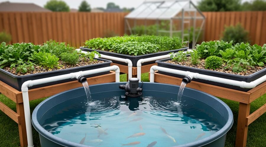 Overhead angled view of a backyard aquaponics system with a round fish tank, pump, clear pipes feeding raised grow beds, and water visibly returning to the tank; garden fence and small greenhouse softly blurred in the background.