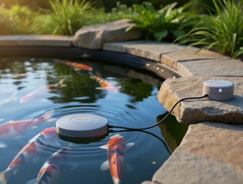 Floating leak-detection switch tethered near the rock border of a backyard koi pond, koi fish visible under clear water, with a small sensor puck on the stone edge and a softly blurred garden and waterfall behind, lit by warm evening light.