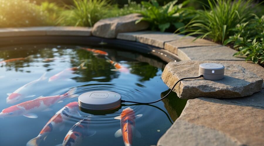 Floating leak-detection switch tethered near the rock border of a backyard koi pond, koi fish visible under clear water, with a small sensor puck on the stone edge and a softly blurred garden and waterfall behind, lit by warm evening light.