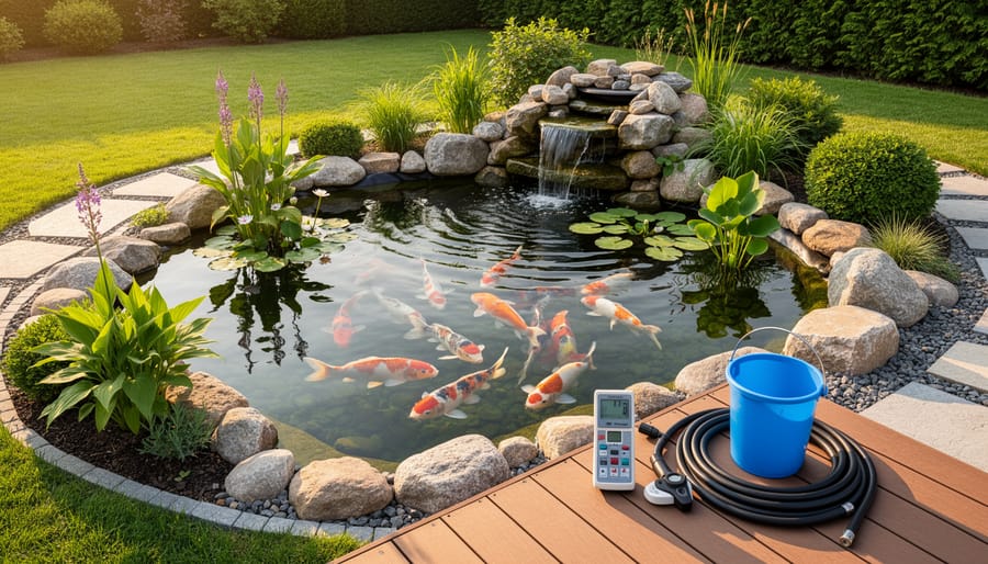 Backyard koi pond with orange and white fish swimming among water lilies