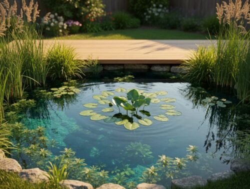 Backyard pond at golden hour with water lilies, cattails, and submerged aquatic plants visible beneath clear water, with a softly blurred garden and wooden deck in the background.