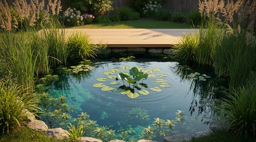 Backyard pond at golden hour with water lilies, cattails, and submerged aquatic plants visible beneath clear water, with a softly blurred garden and wooden deck in the background.
