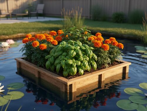 Rectangular floating garden bed in a backyard pond, planted with leafy greens, basil, and marigolds, surrounded by water lilies and reeds in warm evening light.