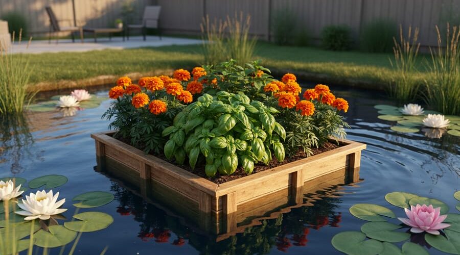 Rectangular floating garden bed in a backyard pond, planted with leafy greens, basil, and marigolds, surrounded by water lilies and reeds in warm evening light.
