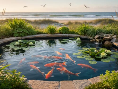 Backyard koi pond with water lilies and koi in warm golden hour light, photographed from a slightly elevated angle, with a softly blurred ocean shoreline and dune grasses visible in the background.