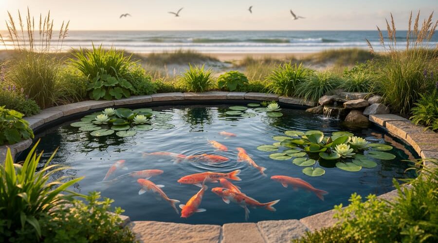 Backyard koi pond with water lilies and koi in warm golden hour light, photographed from a slightly elevated angle, with a softly blurred ocean shoreline and dune grasses visible in the background.