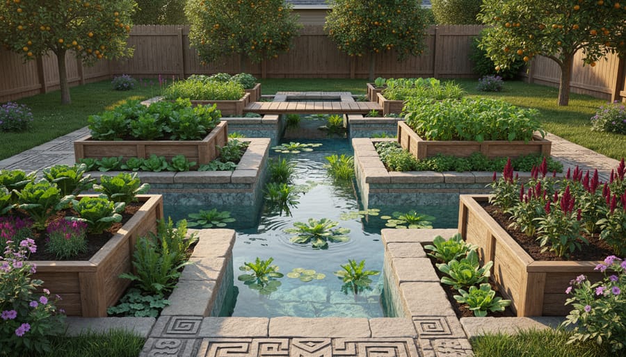 Gardener harvesting fresh vegetables from raised beds beside a backyard pond