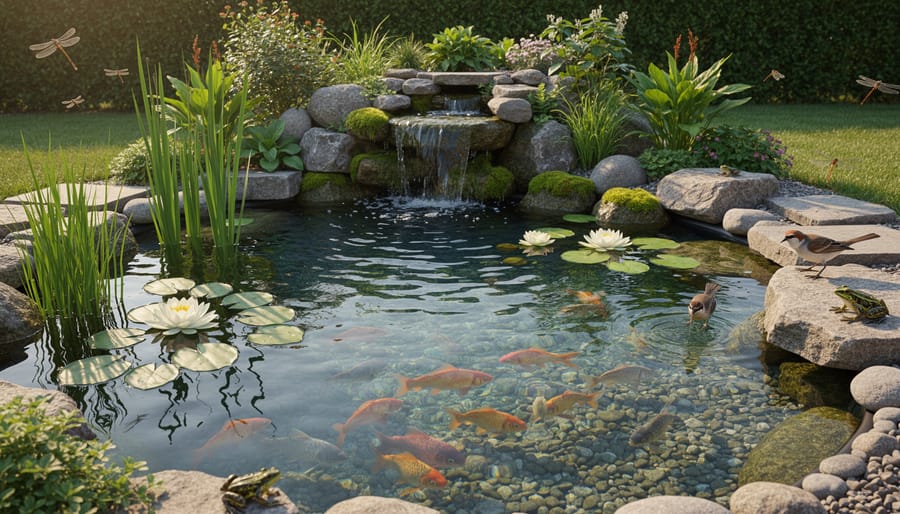 Overhead view of healthy backyard pond with koi fish and native plants