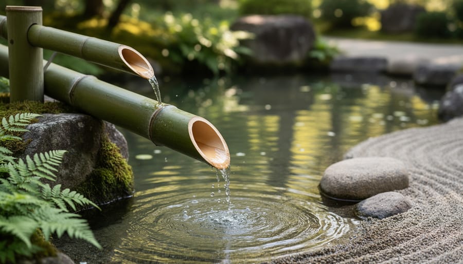 Bamboo shishi-odoshi water feature creating sounds beside a peaceful pond