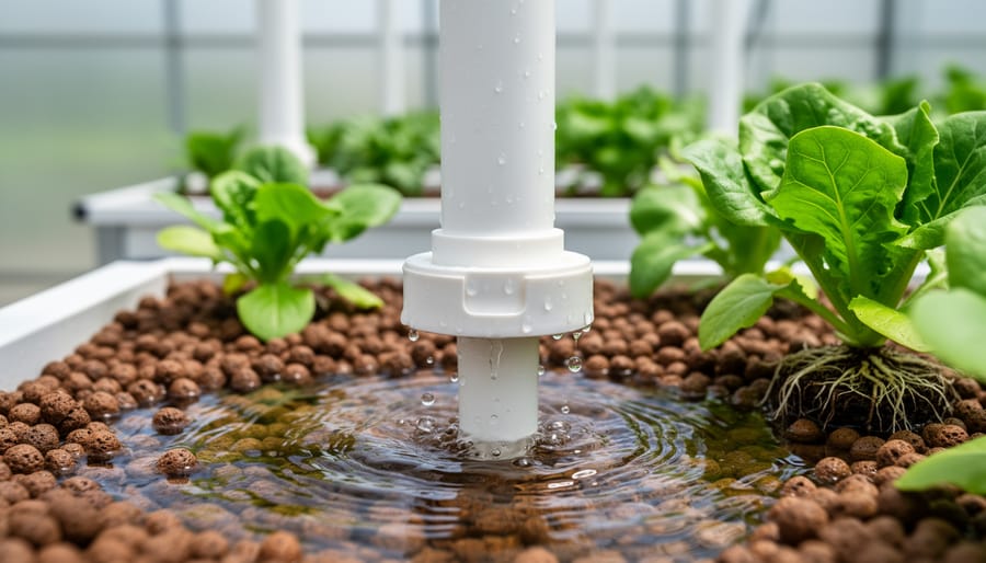 Bell siphon draining water in aquaponics grow bed with clay media