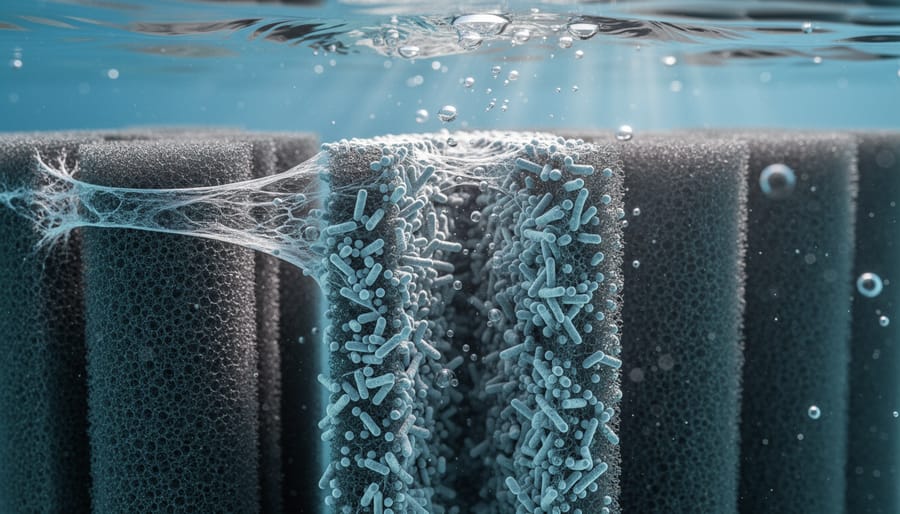 Close-up of biological filter media showing established biofilm and bacterial colonies
