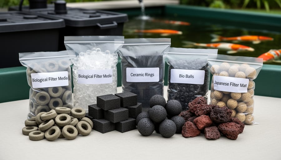 Close-up of biological filter media including K1 media, ceramic rings, and bio-balls in water