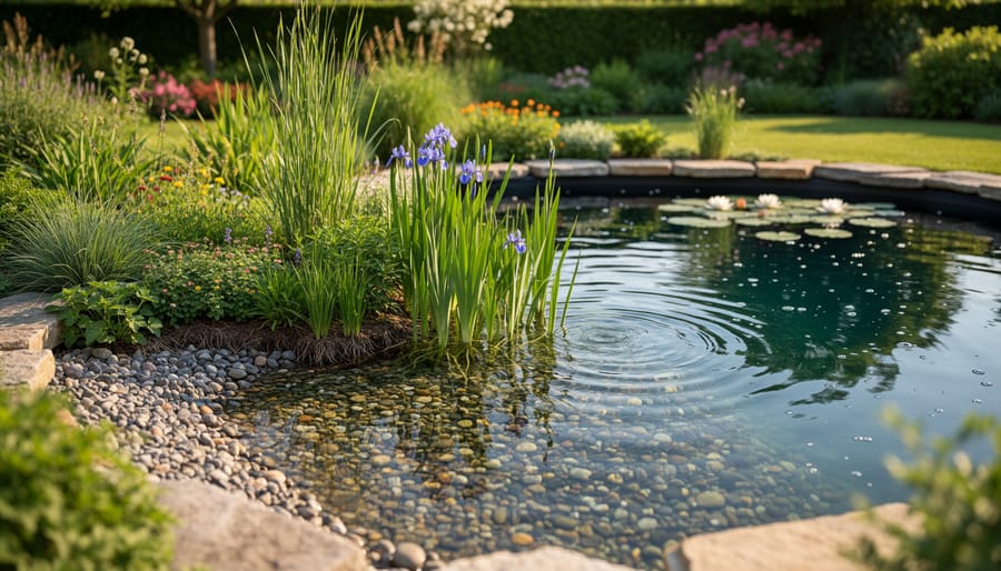 Bog filter area with gravel and aquatic plants providing natural nutrient removal at pond edge