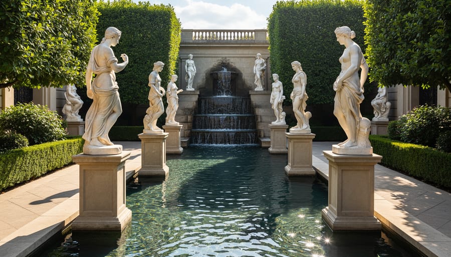 Classical goddess statue on pedestal beside garden pond with fountain water feature
