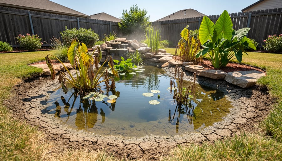 Residential pond with low water levels showing stressed plants and exposed liner during drought conditions