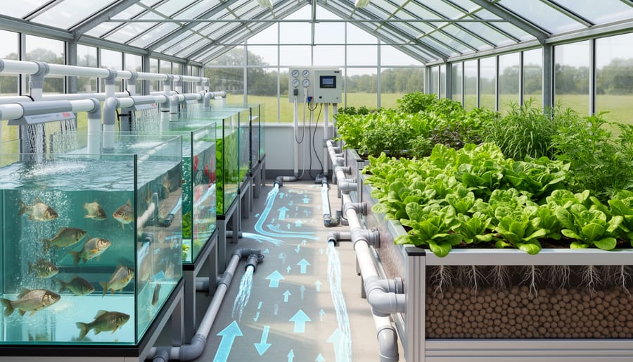 Overhead view of backyard aquaponics system with fish tank and grow beds