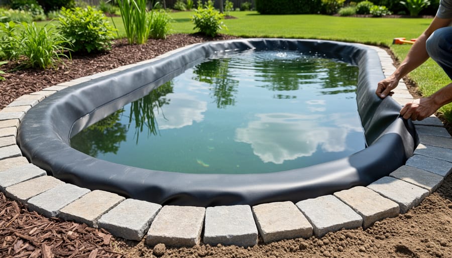 Finished pond installation with stone-edged liner and clear water