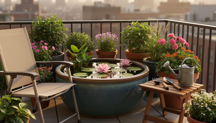 Senior hands planting aquatic vegetation in small ceramic bowl water garden on raised table