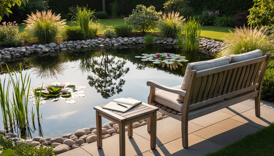 Wooden garden bench positioned beside tranquil backyard water garden with water lilies