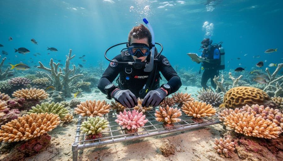 Marine biologist planting coral fragments on underwater restoration structure