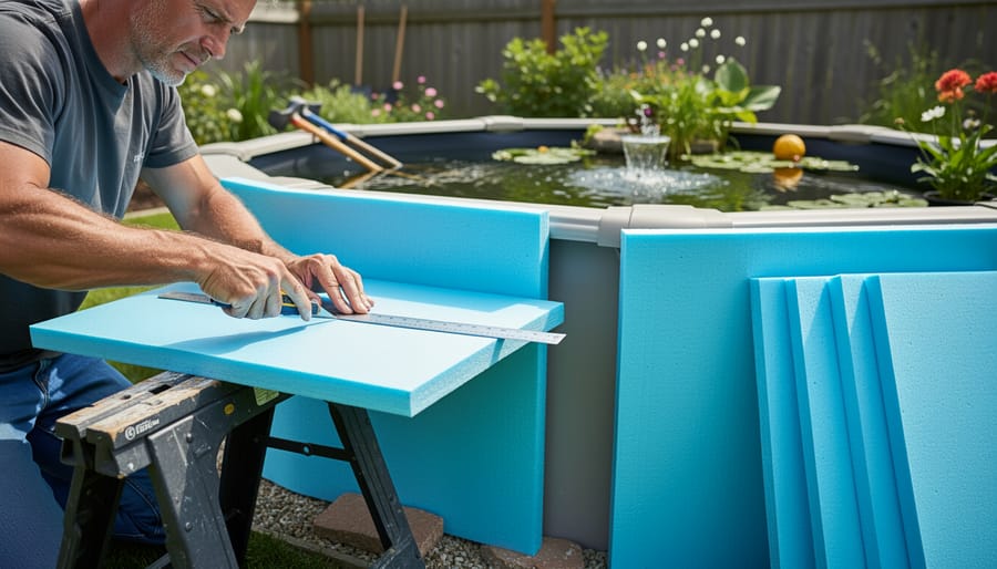 Person cutting foam board insulation material with utility knife on workbench