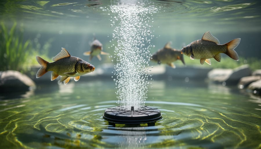 Close-up of air bubbles rising from pond diffuser underwater with koi fish in background