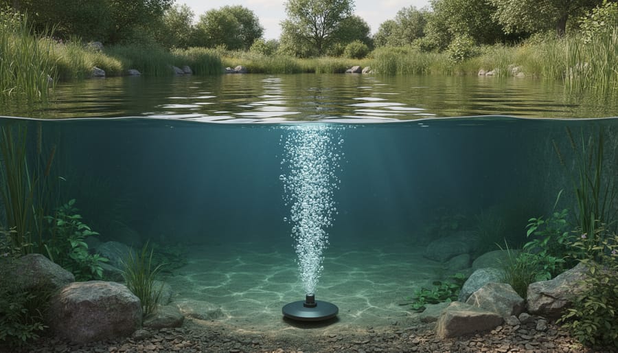Pond owner installing diffuser at the deepest point of backyard pond