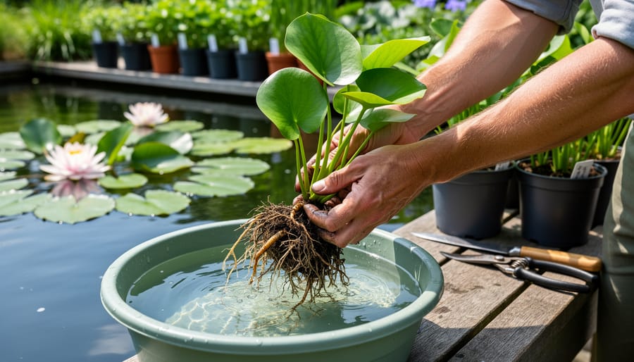 Close-up of hands dividing water lily rhizome for plant swap preparation