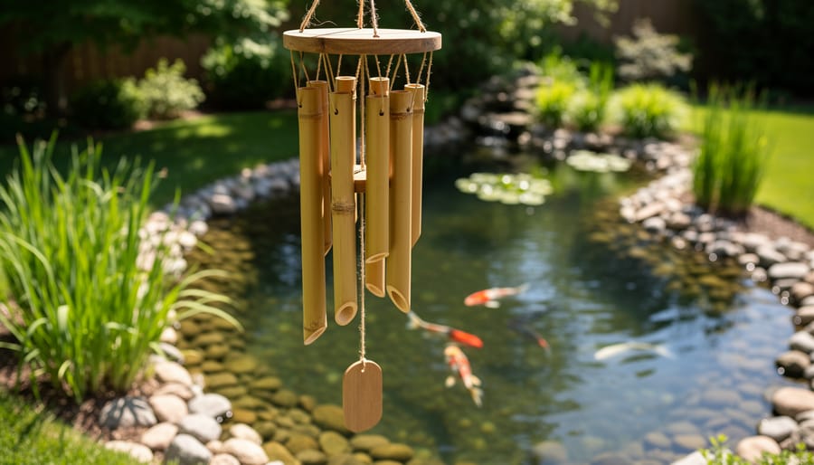 Close-up of hands holding handmade bamboo wind chime for pondside installation