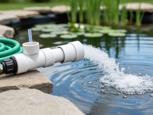 Close-up of a DIY venturi pump made from 1-inch PVC with a T-junction side port, attached to a garden hose and bubbling as it aerates a backyard pond, with rocks and aquatic plants softly blurred in the background