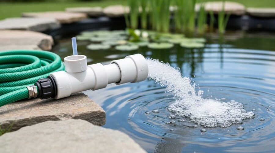 Close-up of a DIY venturi pump made from 1-inch PVC with a T-junction side port, attached to a garden hose and bubbling as it aerates a backyard pond, with rocks and aquatic plants softly blurred in the background