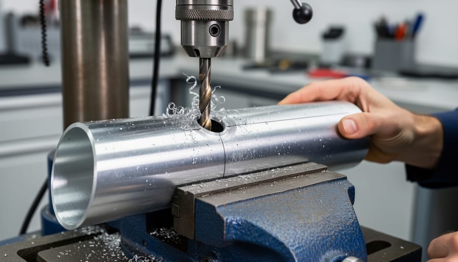 Person drilling hole in PVC pipe for venturi pump suction port