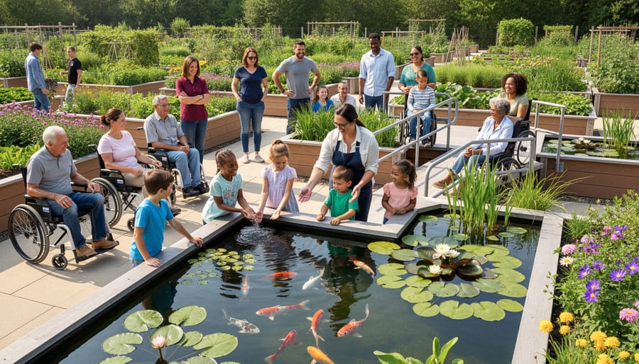 Multigenerational family enjoying small container water garden together on residential patio